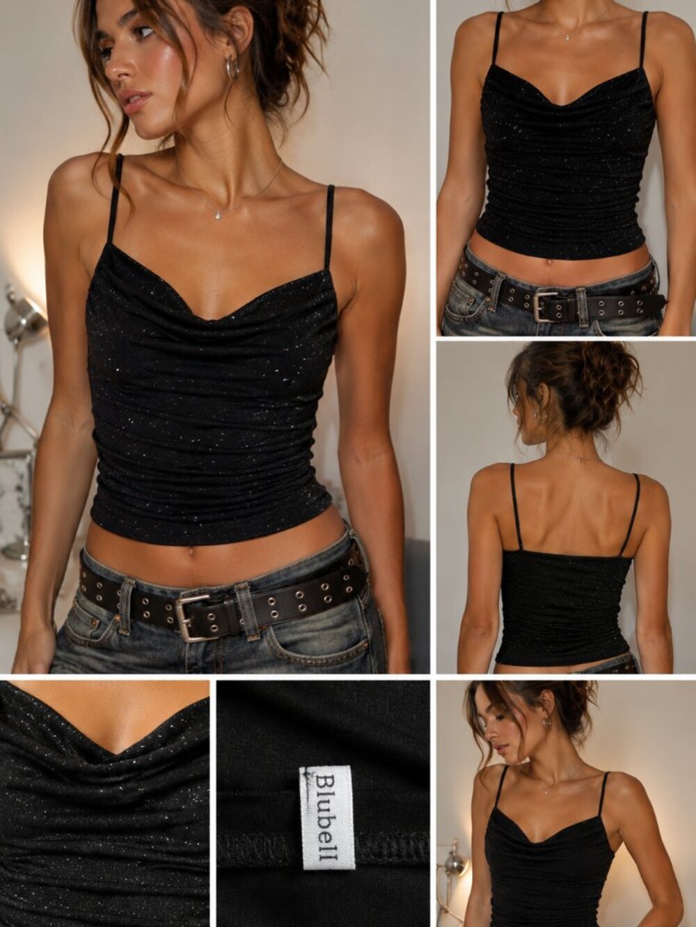 Vintage Bluetblu Y2K Ruched Glitter Cowl Neck Tank Black Spaghetti Strap  Small
